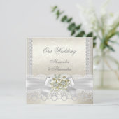 Invitation Crème mariage Blanc Pearl Lace Damask Diamond (Debout devant)