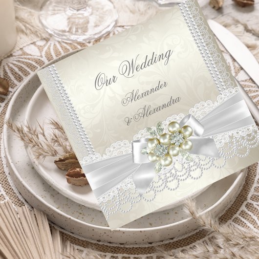 Invitation Crème mariage Blanc Pearl Lace Damask Diamond