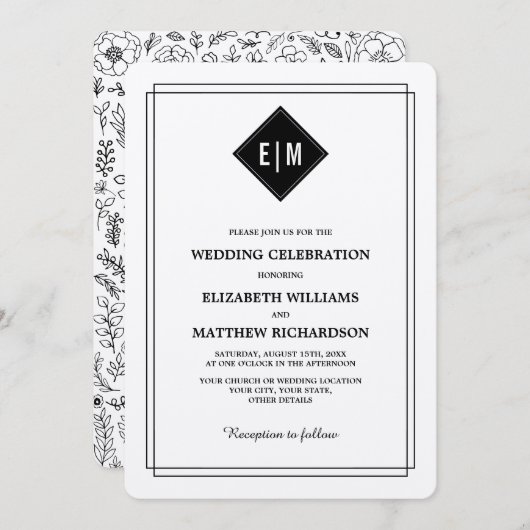 Invitation Crème | Mariage de modèle floral noir (Devant / Derrière)