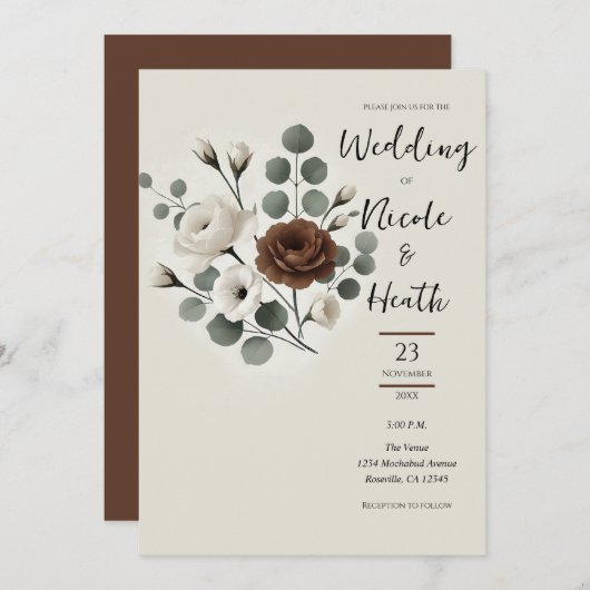 Invitation Crème Mocha blanche Mariage Floral moderne (Devant / Derrière)