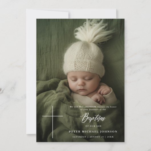 Invitation Crème moderne blanc Script garçon fille photo Bapt (Devant)