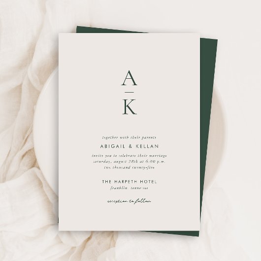 Invitation Crème moderne Monogramme vert Mariage de tonalité