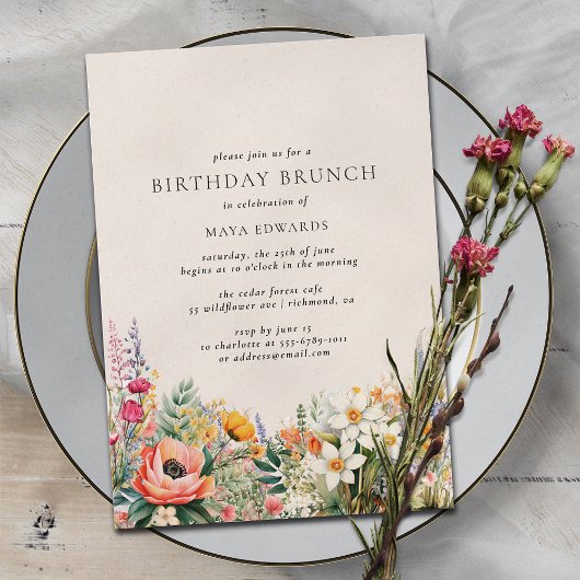 Invitation Crème neutre Floral rustique | Boho Birthday Brunc