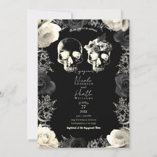 Invitation Crème noire crâne de squelette gris Fête de fianç
