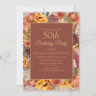 Invitation Crème Orange Brûlé Rouille Floral 50e Anniversaire