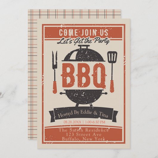 Invitation Crème Orange Navy BBQ Party (Devant / Derrière)