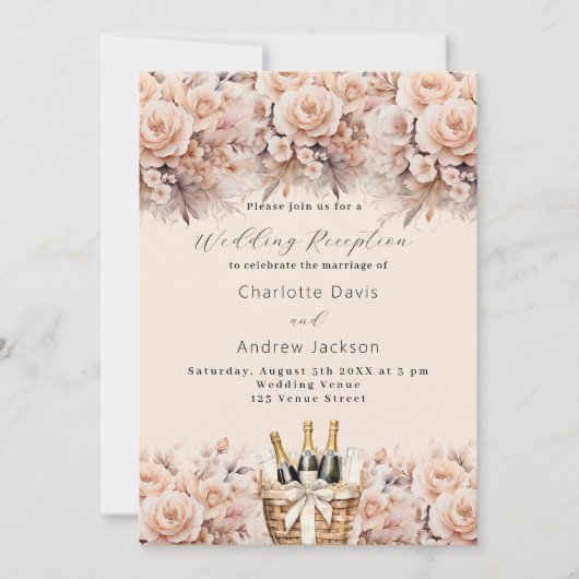 Invitation Crème pêche corbeille à vin rose réception mariage (Devant)