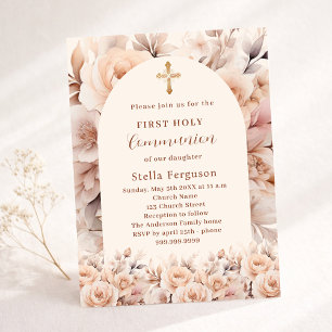 Invitation Crème pêche florales roses arc Première communion