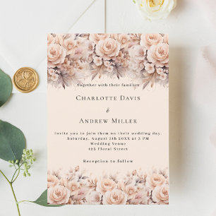 Invitation Crème pêche floraux rose élégant luxe mariage