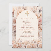 Invitation Crème pêche rose florales arche Baptême (Devant)