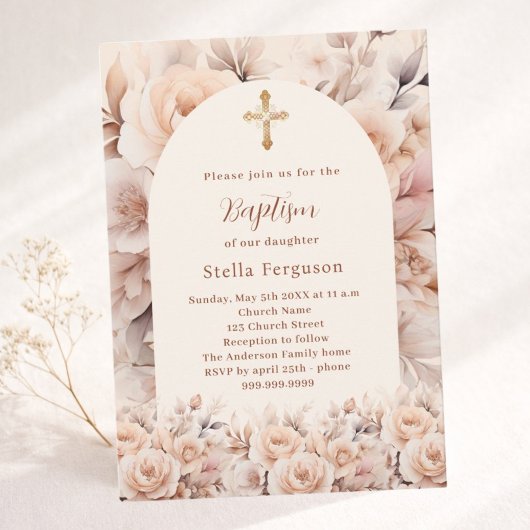 Invitation Crème pêche rose florales arche Baptême