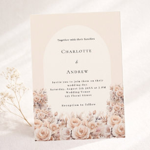Invitation Crème pêche rose or florales arc photo mariage