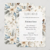 Invitation Crème Poinsettia Bleu Floral Anniversaire (Devant / Derrière)