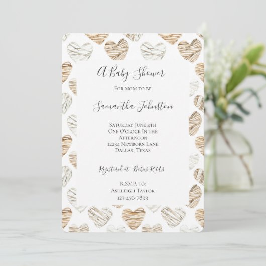 Invitation Crème romantique Baby shower Coeurs blancs (Debout devant)