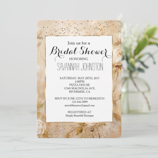 Invitation Crème romantique Roses blanches Douche nuptiale Co (Debout devant)