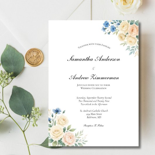 Invitation Crème rose Bleu Noir Floral Élégant Mariage