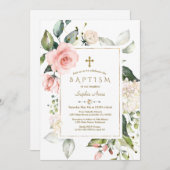 Invitation Crème rose Blush Cadre Floral Or Baptême (Devant / Derrière)