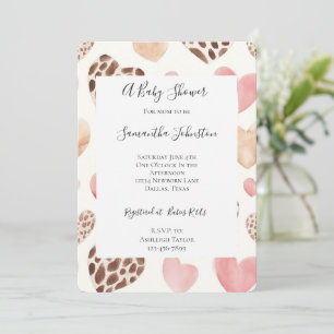 Invitation Crème rose Brown Baby shower Leopard Hearts