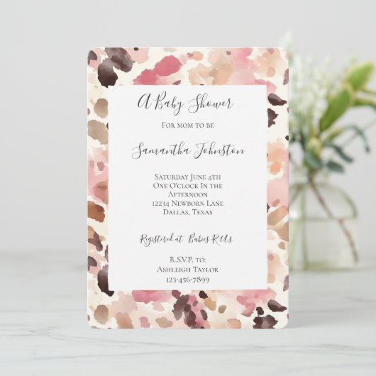 Invitation Crème rose Brown Leopard Baby shower Poster de ani (Debout devant)