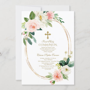 Invitation Crème rose Cadre ovale Floral Première Communion S