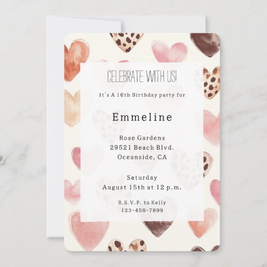 Invitation Crème rose Coeurs léopard Anniversaire (Devant)