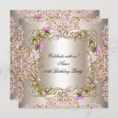Invitation Crème rose Damask Gold Flowers Anniversaire (Devant / Derrière)