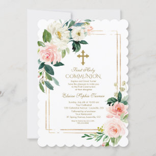 Invitation Crème rose Floral Géométrique Première Sainte Comm