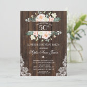 Invitation Crème rose pâle dentelle en bois floral 50e annive (Debout devant)