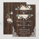 Invitation Crème rose pâle dentelle en bois floral 50e annive (Devant / Derrière)