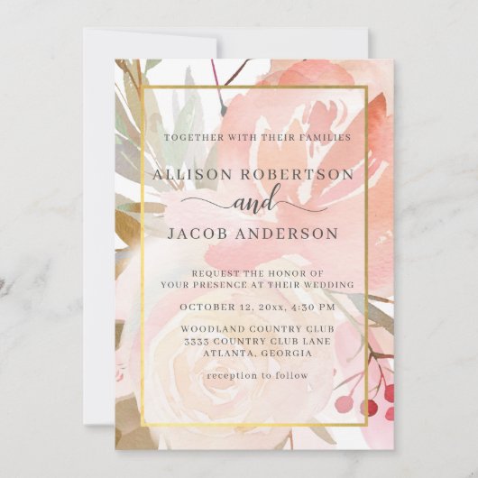 Invitation Crème rose pâle Peach Sage Green Mariage or (Devant)