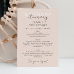 Invitation Crème Rose Week-end Anniversaire Itinéraire Invita<br><div class="desc">Délicieuse chronologie de la fin de semaine calligraphique moderne. Le design présente une élégante disposition de texte de style moderne. Pour effectuer des modifications avancées,  sélectionnez l'option "Cliquez pour customiser plus loin" sous Personnaliser ce modèle.</div>