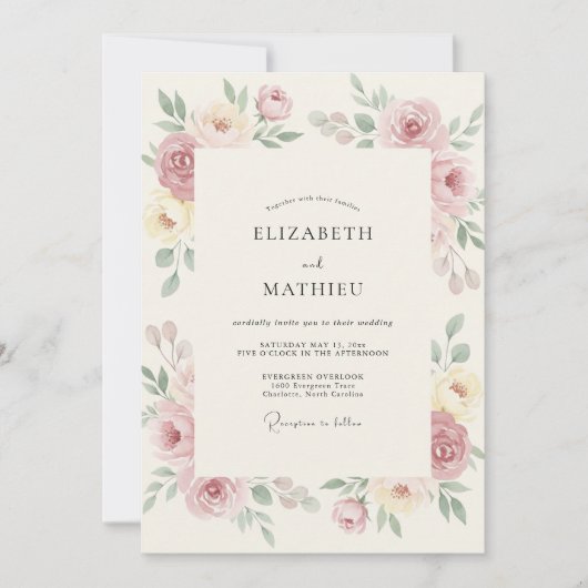 Invitation Crème Rosée Fleurs Romantiques de Mariage (Devant)