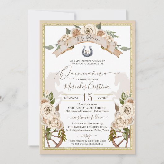 Invitation Crème Roses Blanches Ouest Charro Quinceanera (Devant)
