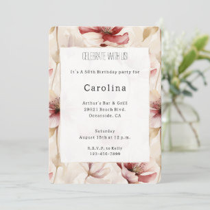 Invitation Crème rouge bourguignonne Floral 50e anniversaire