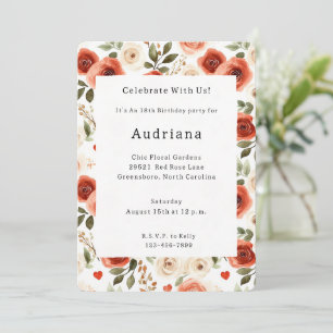 Invitation Crème rouge Coeurs et fleurs Anniversaire