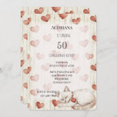 Invitation Crème Rouge Coeurs Faux Bois Chat Anniversaire (Devant / Derrière)