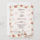 Invitation Crème Rouge Coeurs Faux Bois Chat Anniversaire (Devant)