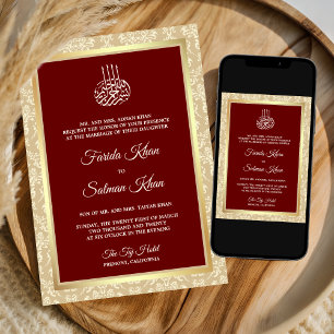 Invitation Crème rouge Damask Mariage musulman musulman islam