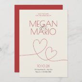 Invitation Crème rouge minimaliste deux coeurs mariage (Devant / Derrière)