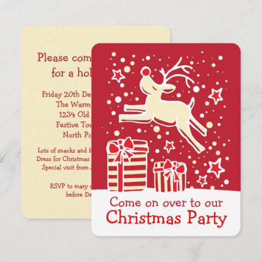 Invitation Crème rouge renne de Noël (Devant / Derrière)