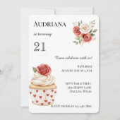 Invitation Crème Rouge Rose Cupcake Coeurs Floral Anniversair (Devant)