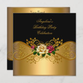 Invitation Crème rouge rose rose Black Gold fête d'anniversai (Devant / Derrière)