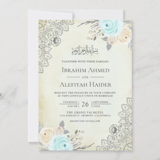 Invitation Crème rustique Mint vert dentelle florale Mariage  (Devant)