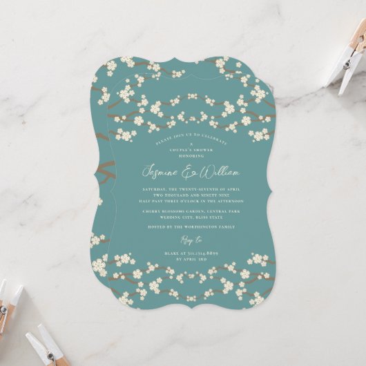 Invitation Crème Sakura Fleurs de cerises Mariage d'Asie Turq (Devant/Arrière en situation)