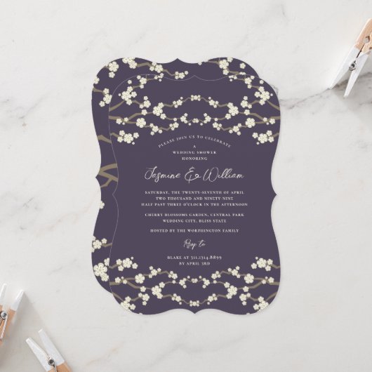Invitation Crème Sakura Fleurs de cerisier violet Mariage asi (Devant/Arrière en situation)