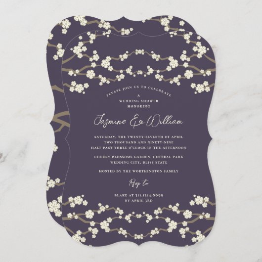 Invitation Crème Sakura Fleurs de cerisier violet Mariage asi (Devant / Derrière)