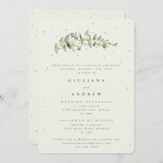 Invitation Crème Snowberry+Eucalyptus Mariage répétition (Devant / Derrière)