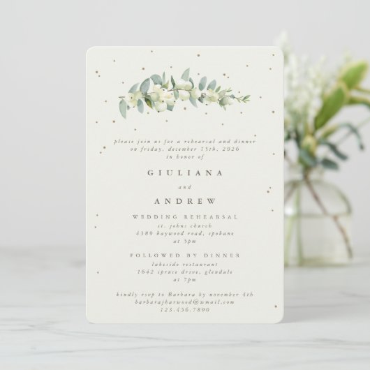 Invitation Crème Snowberry+Eucalyptus Mariage répétition (Debout devant)