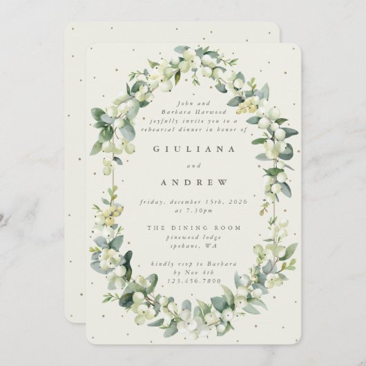 Invitation Crème Snowberry+Eucalyptus Mariage répétition (Devant / Derrière)