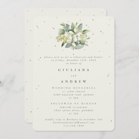 Invitation Crème Snowberry+Eucalyptus Mariage répétition (Devant / Derrière)